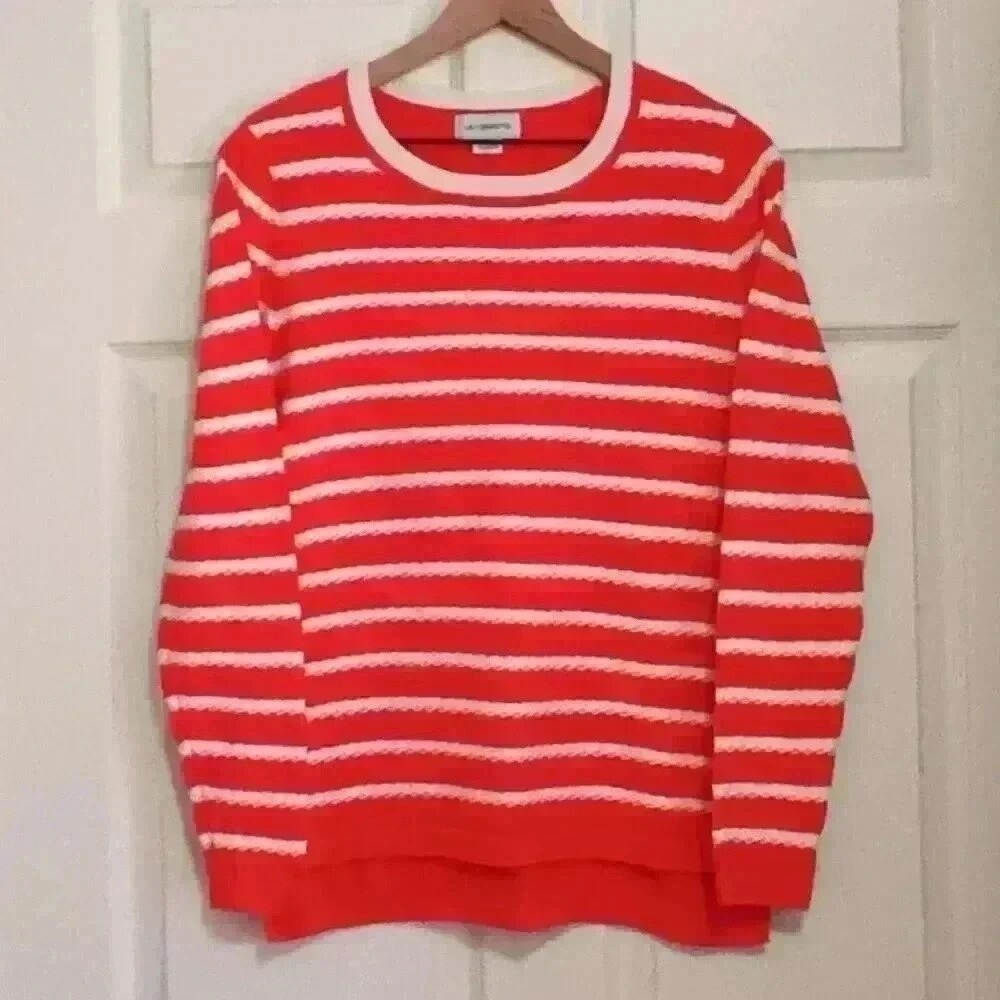 Liz Claiborne Womens Sweater Coral Pink White Size M Striped Cotton Coastal